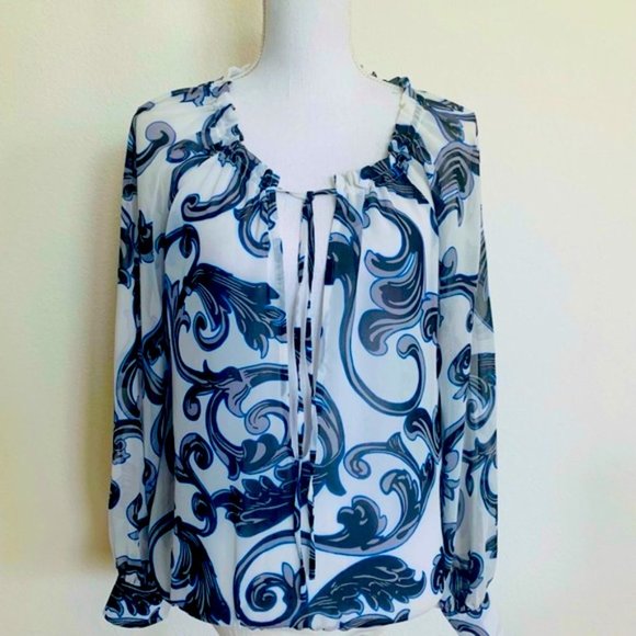 EXPRESS Tie Neck Sheer Blouse Bodysuit Deep V Neck - Picture 6 of 7